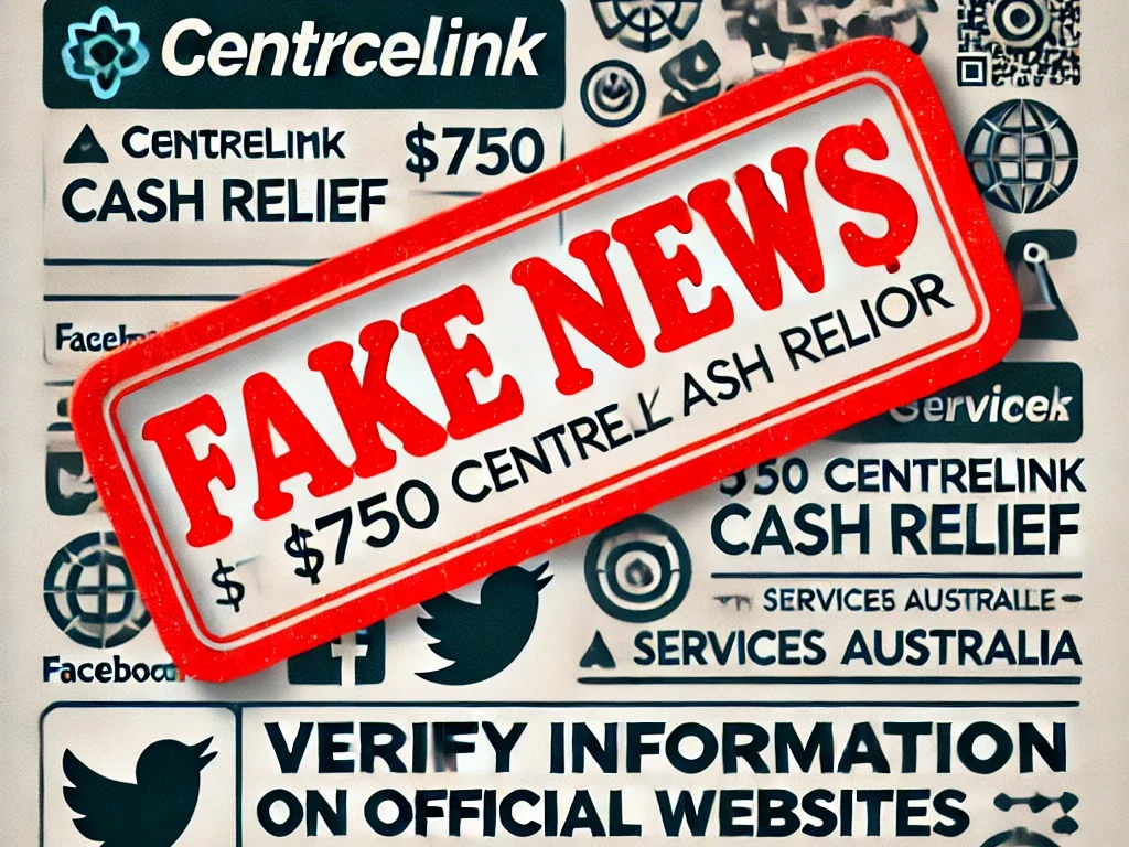 Warning image debunking the $750 Centrelink cash relief rumor, featuring a bold red 'FAKE NEWS' stamp over social media icons and a warning sign,